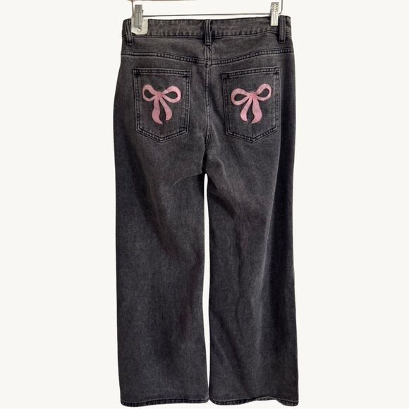 J for Justify Black Straight Leg Jeans with Pink Bow Details NWT Size Small - Picture 1 of 8